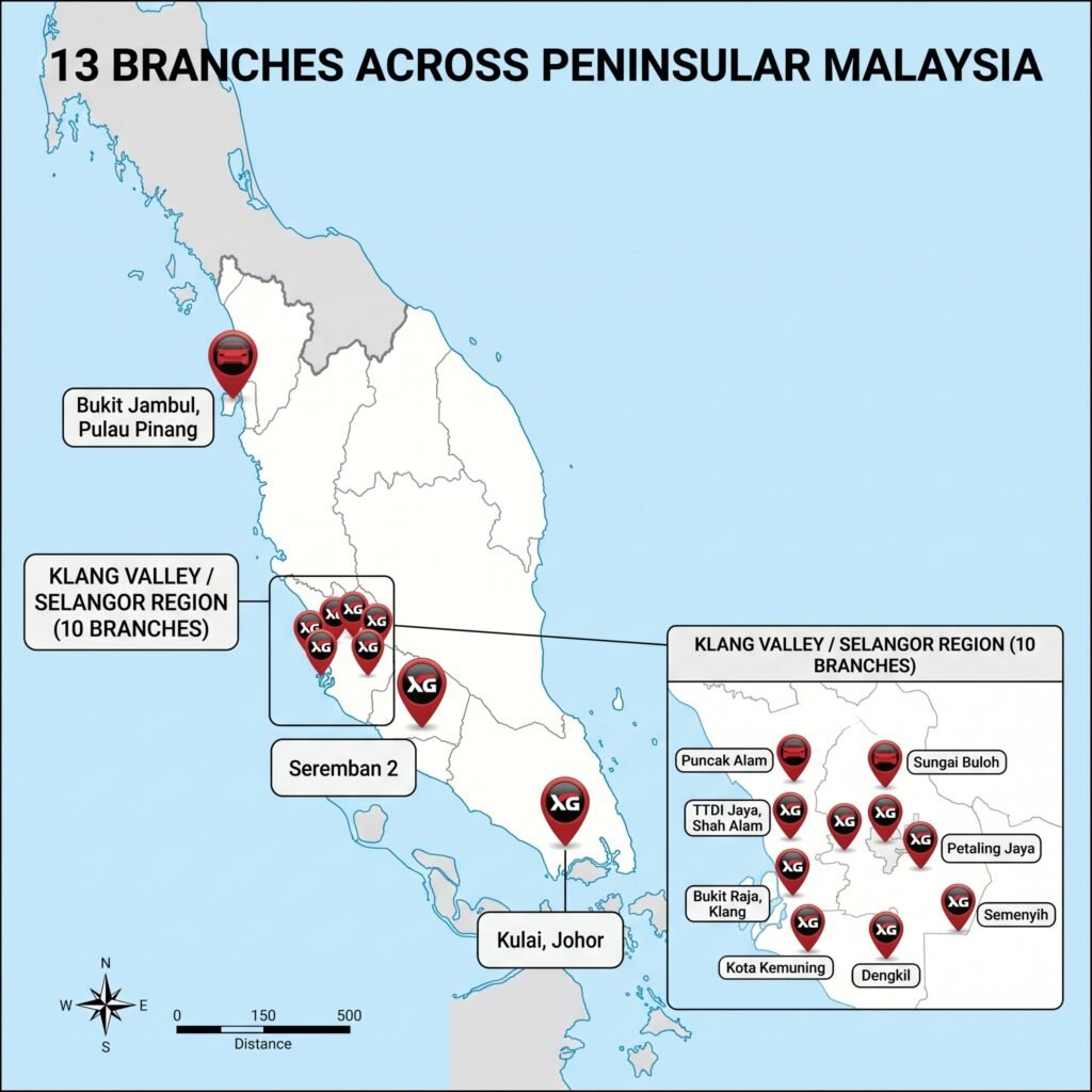 Map of XG Coating branches across Peninsular Malaysia