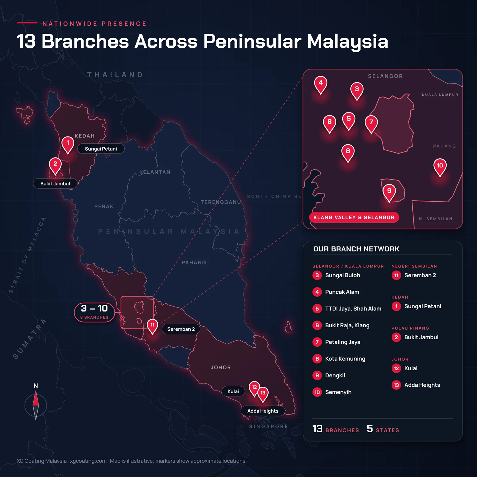 Map of XG Coating's 13 branches across Peninsular Malaysia